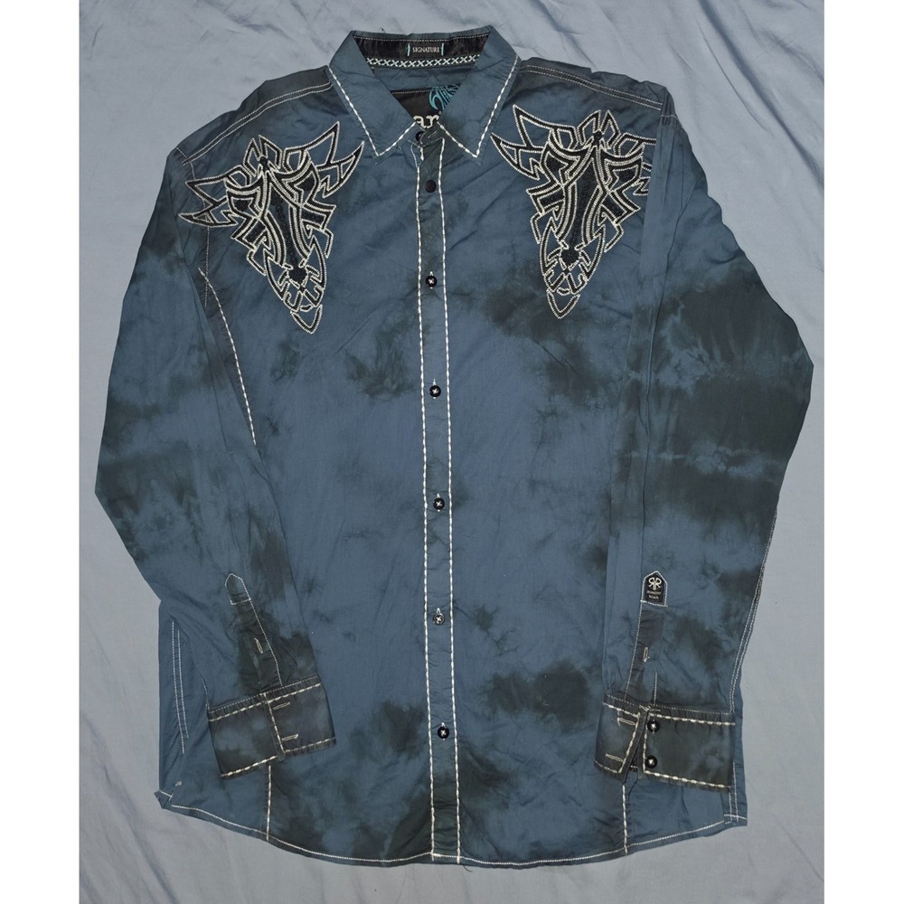 Roar‎ Signature Edition Shirt Mens 2XL Blue/Black Embroidered Y2K Western